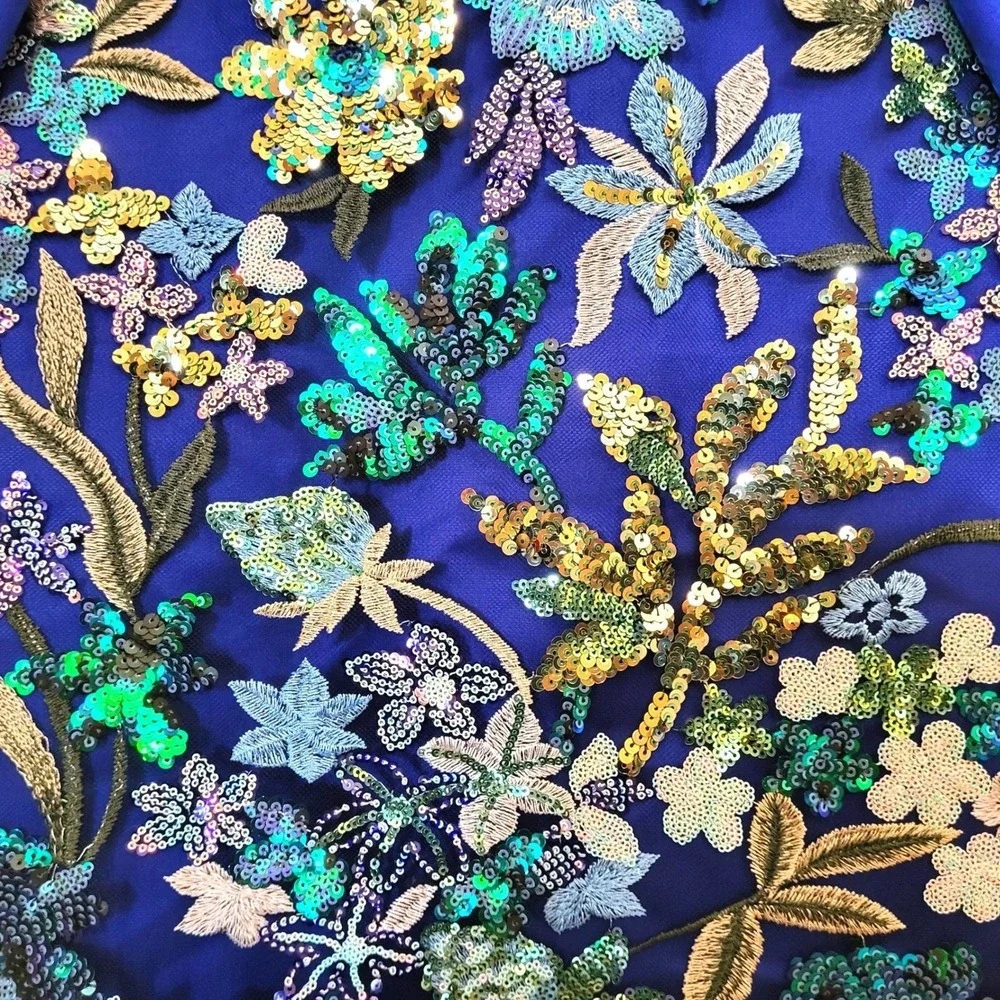 Glamora Royal Blue Satin Sheath Embroidered Sequin Gown Portrait Collar Train 8 - Picture 6 of 16